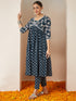 Janasya Women's Teal Blue Pure Cotton Floral Printed A-line Kurta Set